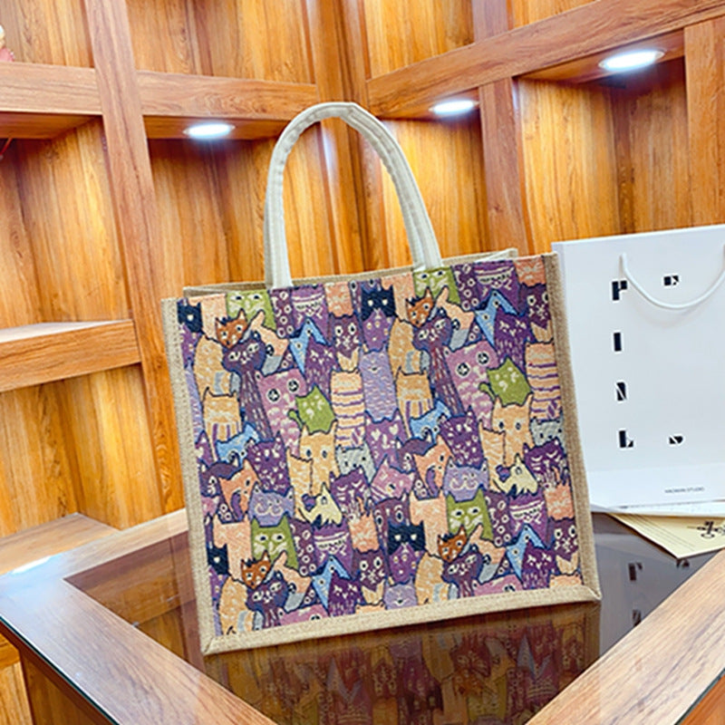 Linen Tote Bag Cute Cartoon Embroidery Large Capacity