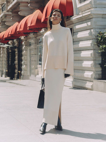 Knitted Sweater Set With Split Midi Skirt Elegant Casual Style