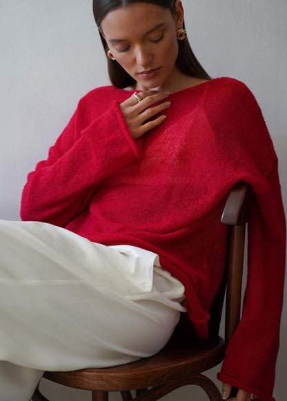 Sheer Knit Sweater Red Lightweight Relaxed Fit