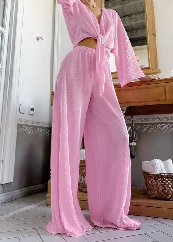 Pleated Wide Leg Lounge Set In Lightweight Fabric