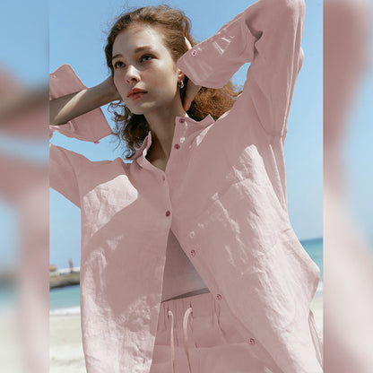 Relaxed Fit Long Sleeve Linen Shirt for Women
