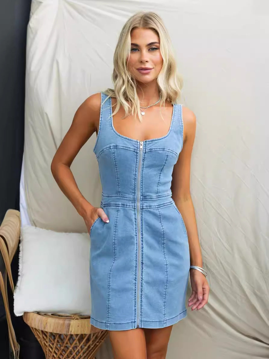 Trendy Sleeveless Denim Dress with U-Neck