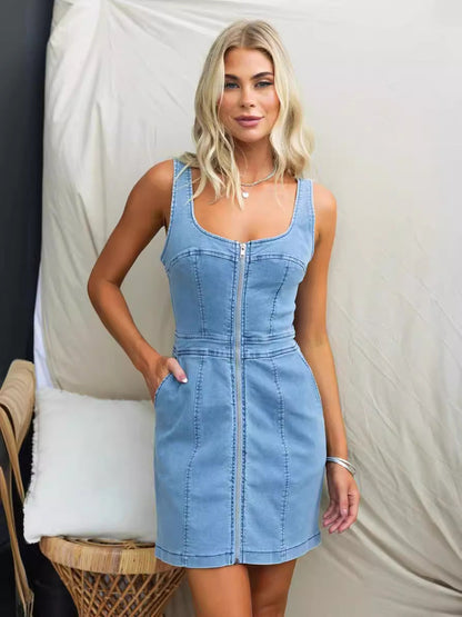Trendy Sleeveless Denim Dress with U-Neck