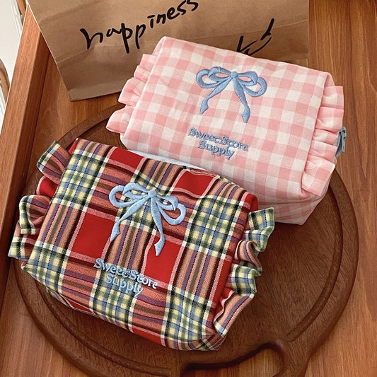 Bow Plaid Flounce Make Up Bag