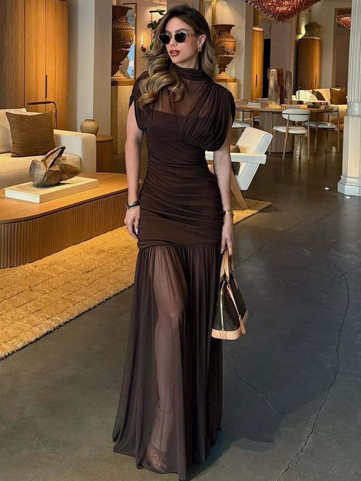 Sexy Bodycon Long Dress With Sheer Overlay