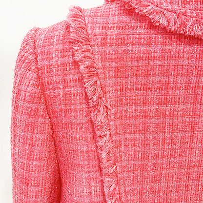 Fashionable Beaded Brooch Jacket with Fringe Wool Blend
