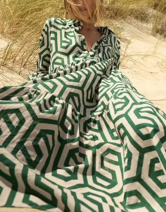 Women'S Long Sleeve Lapel Green Geometric Print Shirt Dress