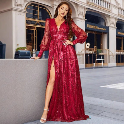 Elegant V-Neck Sequin Maxi Dress Party Gown