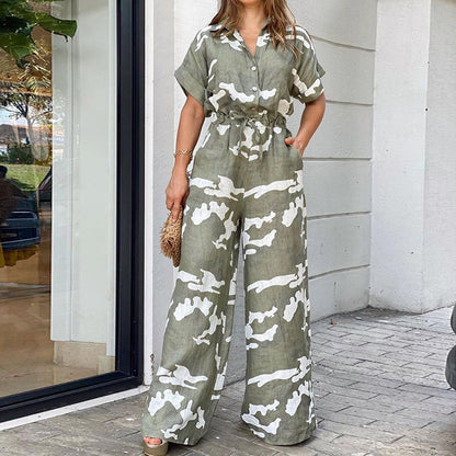 Summer Women'S Wear Fashion Polo Print Button Lace Up Jumpsuit