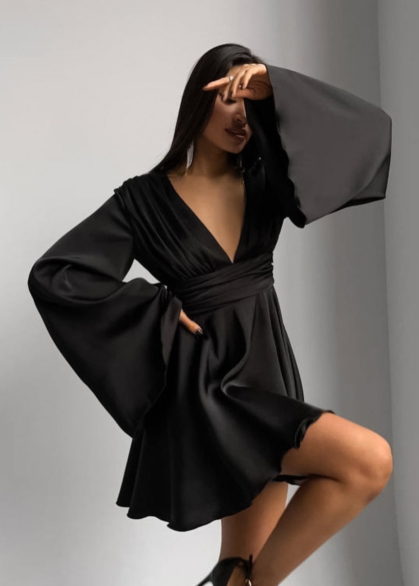 Satin Mini Dress With Bell Sleeves And V Neckline