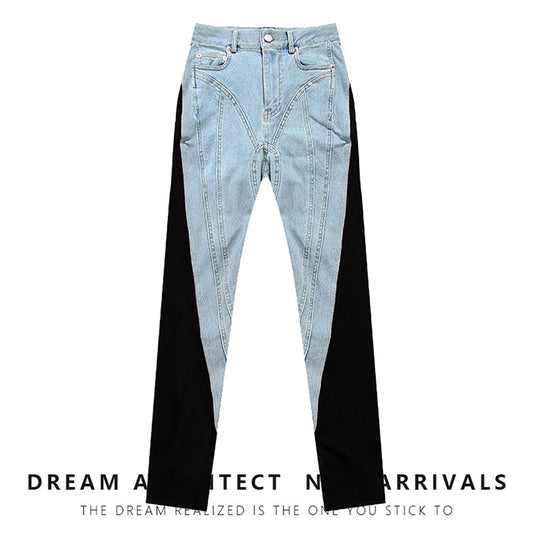 High-Waisted Slim Fit Denim Jeans Color-Block Street Style