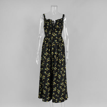 Floral Print V Neck High Waist Maxi Dress