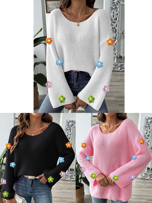 Women鈥檚 Crochet Floral Patchwork Top Loose Off-Shoulder Sweater