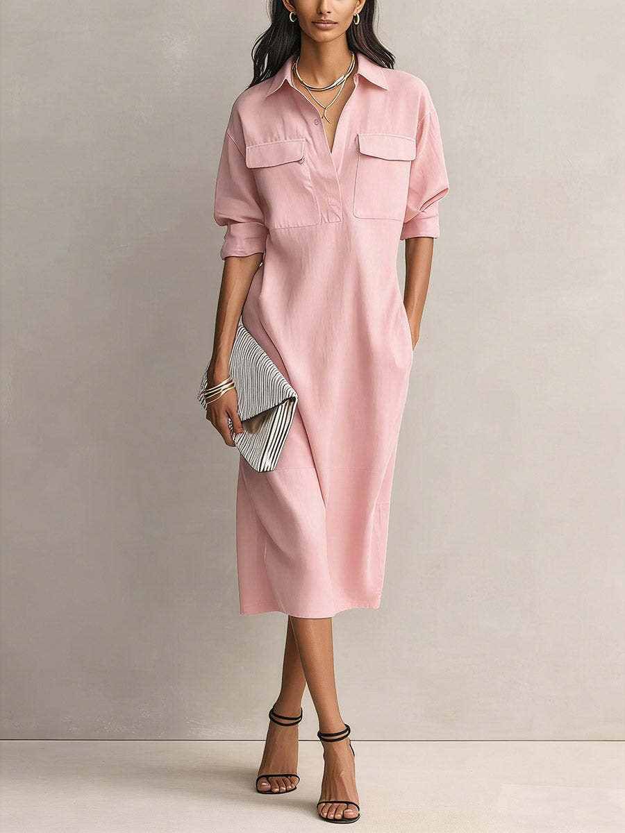 Linen Blend Shirt Midi Dress