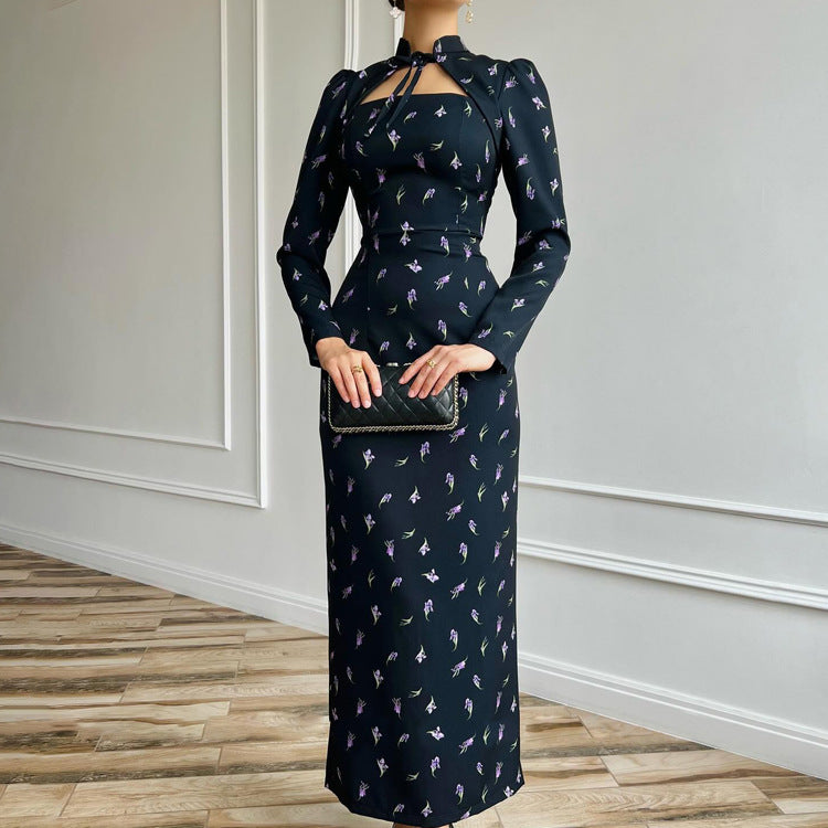 French Style Stand Collar Tie Detail Long Sleeve Bodycon Dress