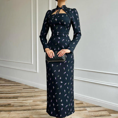 French Style Stand Collar Tie Detail Long Sleeve Bodycon Dress