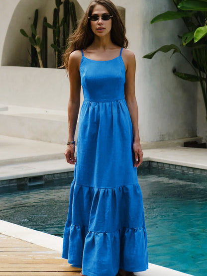 Strappy Back Maxi Dress Elegant Cotton Cake Dress