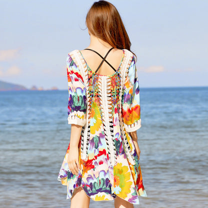New Printed Hollow Sun Protection Loose And Thin Beach Dress