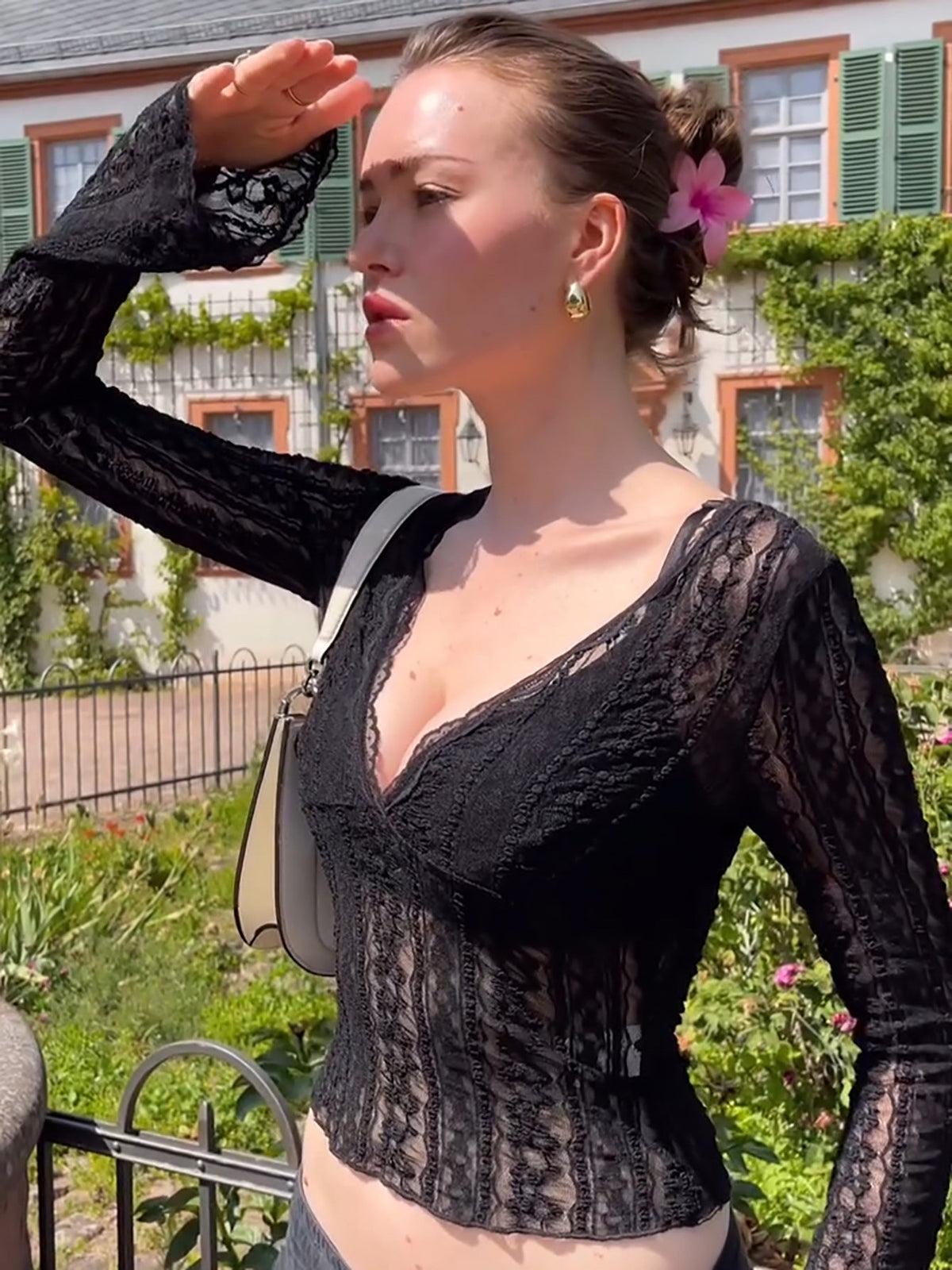 Sexy V-Neck Lace Trim Fitted Top