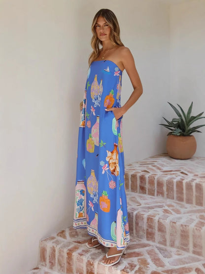 Casual Linen Strapless Dress With Artistic Prints