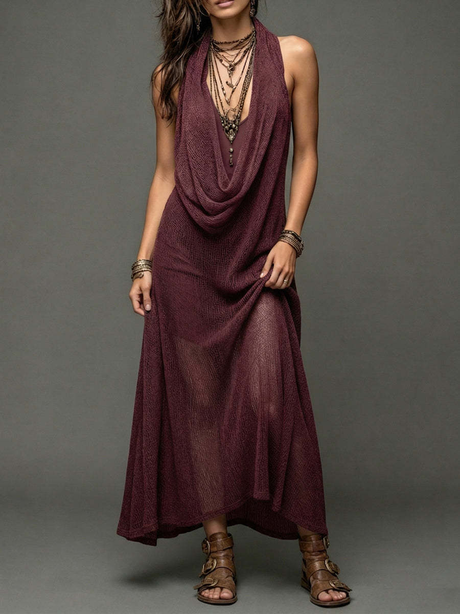 Sheer Mesh Cowl Halter Sleeveless Boho Maxi Dress