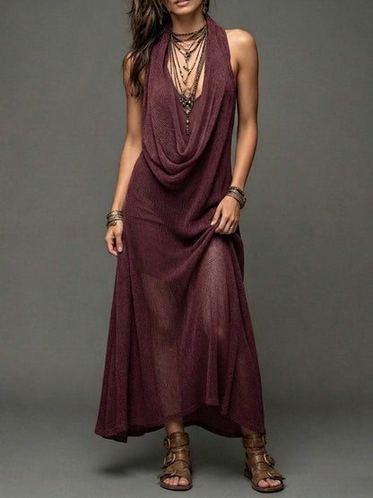 Sheer Mesh Cowl Halter Sleeveless Boho Maxi Dress