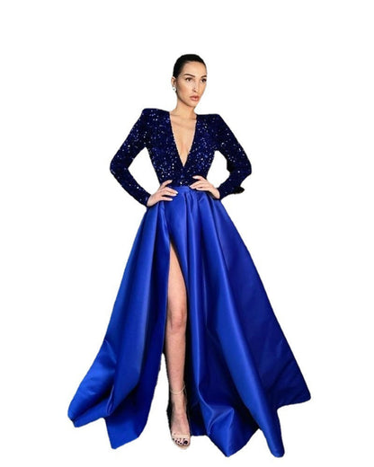 Sequined Deep V-Neck A-Line Evening Gown With Long Sleeves