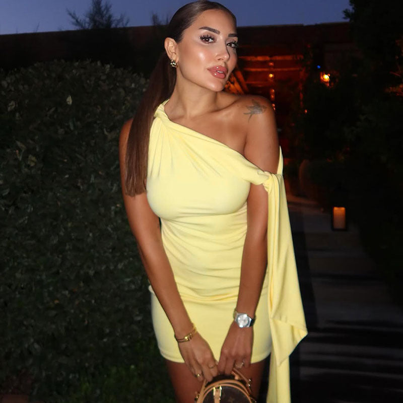 Elegant Slim-Fit Solid Color Dress With Asymmetric Neckline