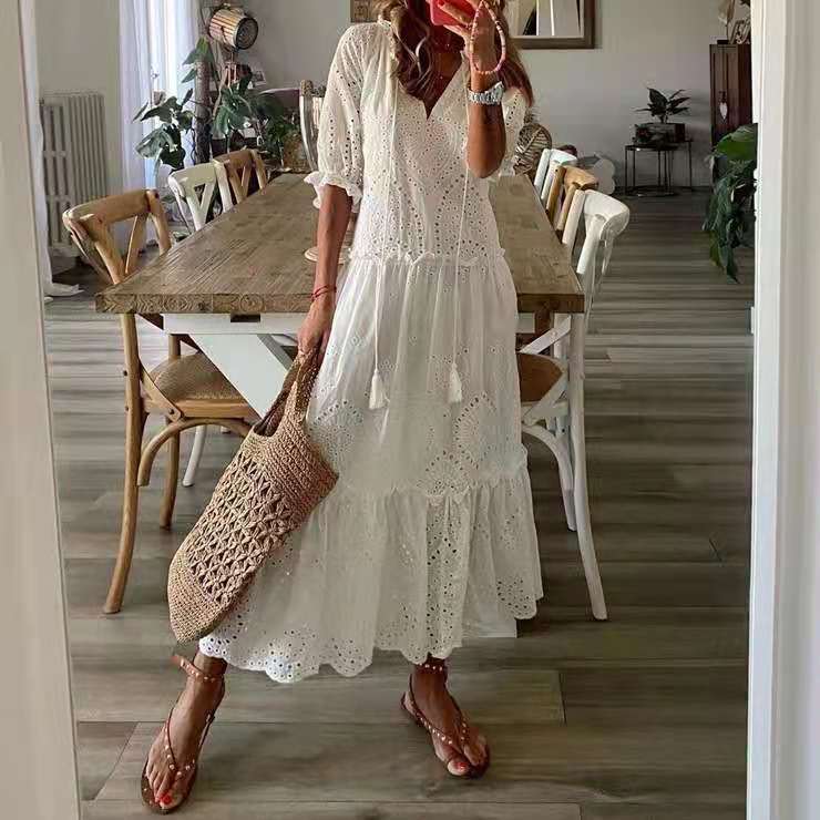 Casual Sweet V-Neck Print Pendant Short Sleeves Midi Dress Woman