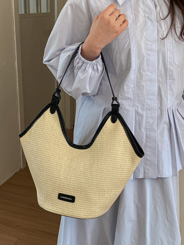 Trendy Woven Shoulder Bag Color Block Beach Bag