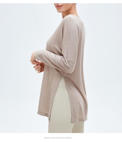 Sports Blouse Women'S Long-Sleeved Loose Fitness Top Quick-Drying Double-Sided Slits To Cover The Meat And Thin Yoga Clothes