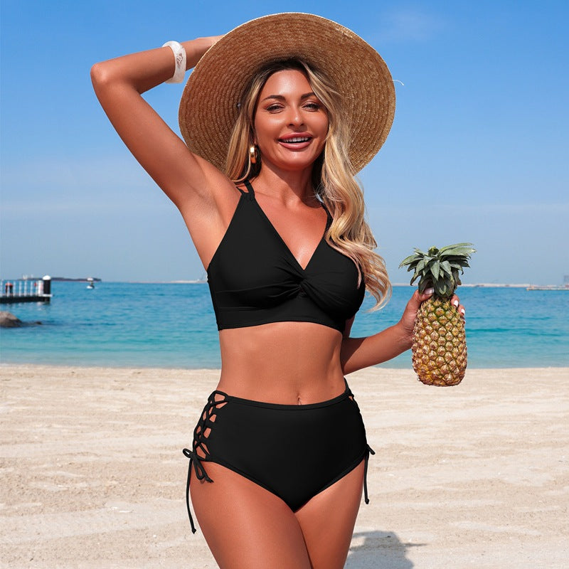 Women’S Two-Piece Bikini Set Solid Color Nylon Swimwear