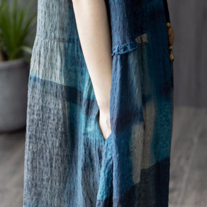 Summer New Literary And Artistic Fan Vintage Loose Plus-Size Women'S Cotton And Linen Panels Plaid Thin Dress