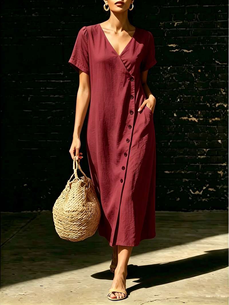 Linen Wrap V Neck Side Button Short Sleeve Midi Dress