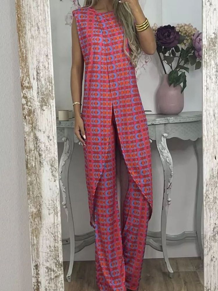 Trendy Floral Print Sleeveless Top and Long Pants Set