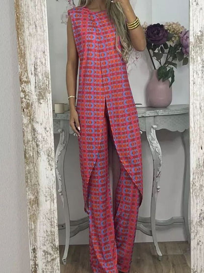 Trendy Floral Print Sleeveless Top and Long Pants Set