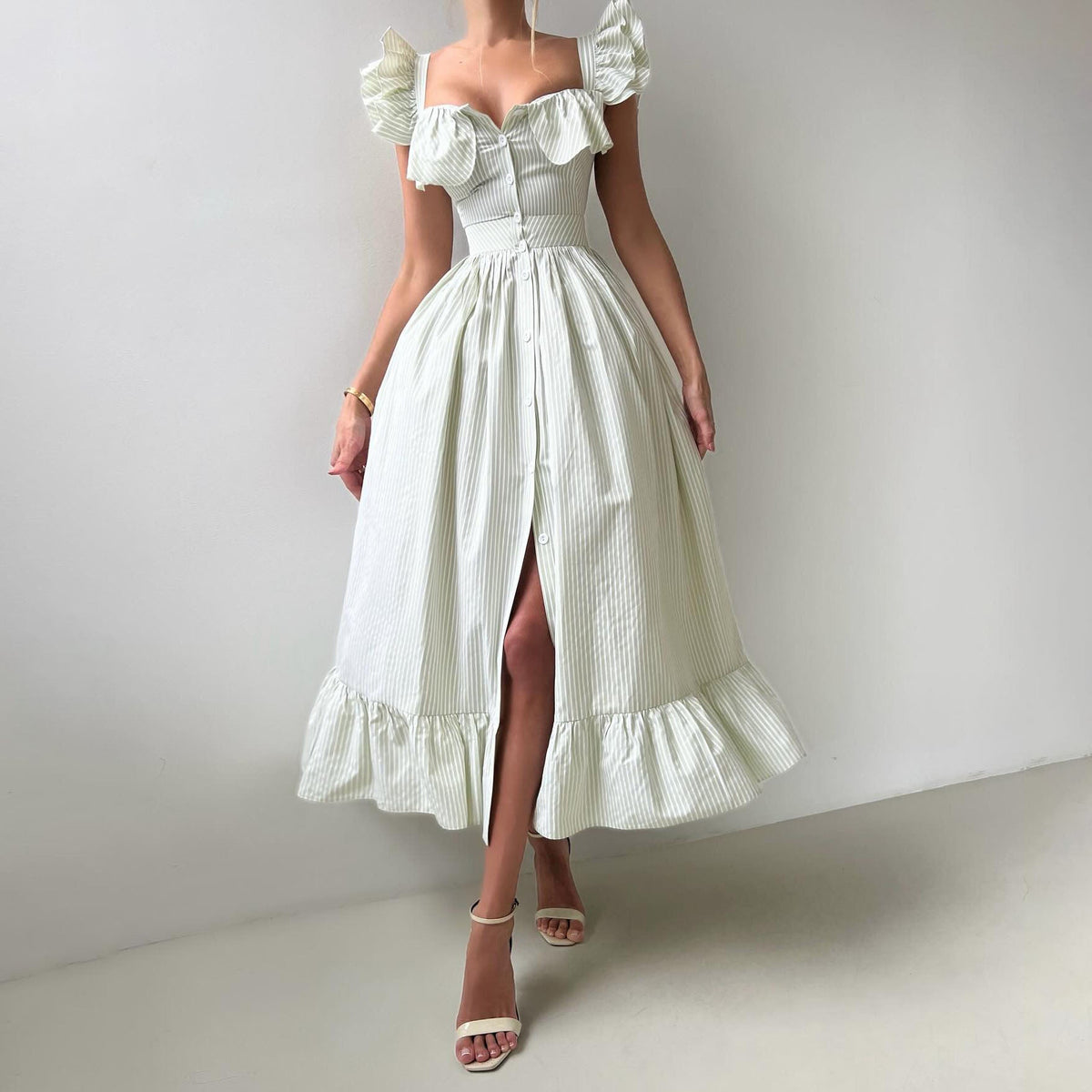 Trendy Square Neck Striped Ruffle Midi Dress