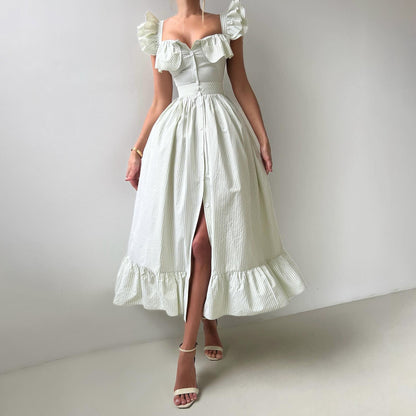 Trendy Square Neck Striped Ruffle Midi Dress