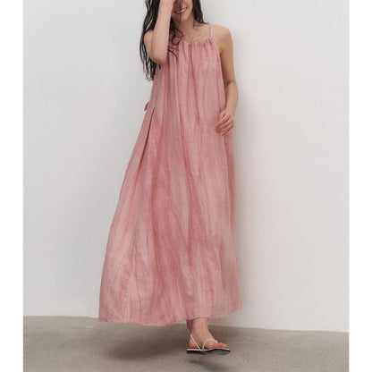 Summer New Plant Dyed Linen Strap Dress Women'S Loose And Slim Large Swing Dress Pleated Sleeveless Shoulder Cut Long Dress