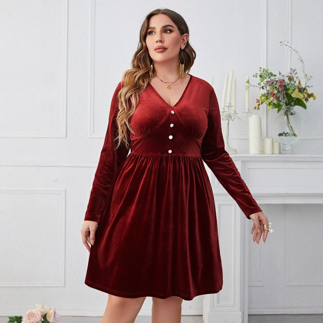 Deep Red V-Neck High-Waist Long Sleeve Midi Dress
