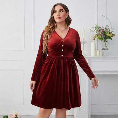 Deep Red V-Neck High-Waist Long Sleeve Midi Dress