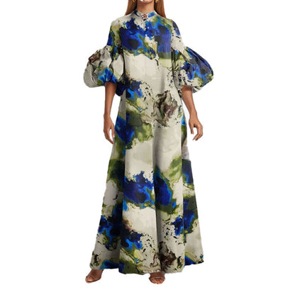 Elegant Floral Print Puff Sleeve Maxi Dress