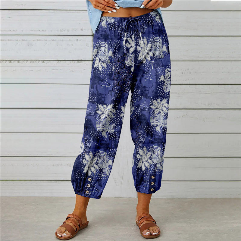 Cotton And Linen Women'S Pants High-Waisted Drawstring Cropped Pants Elasticated Waist Corset Retro Print Pants