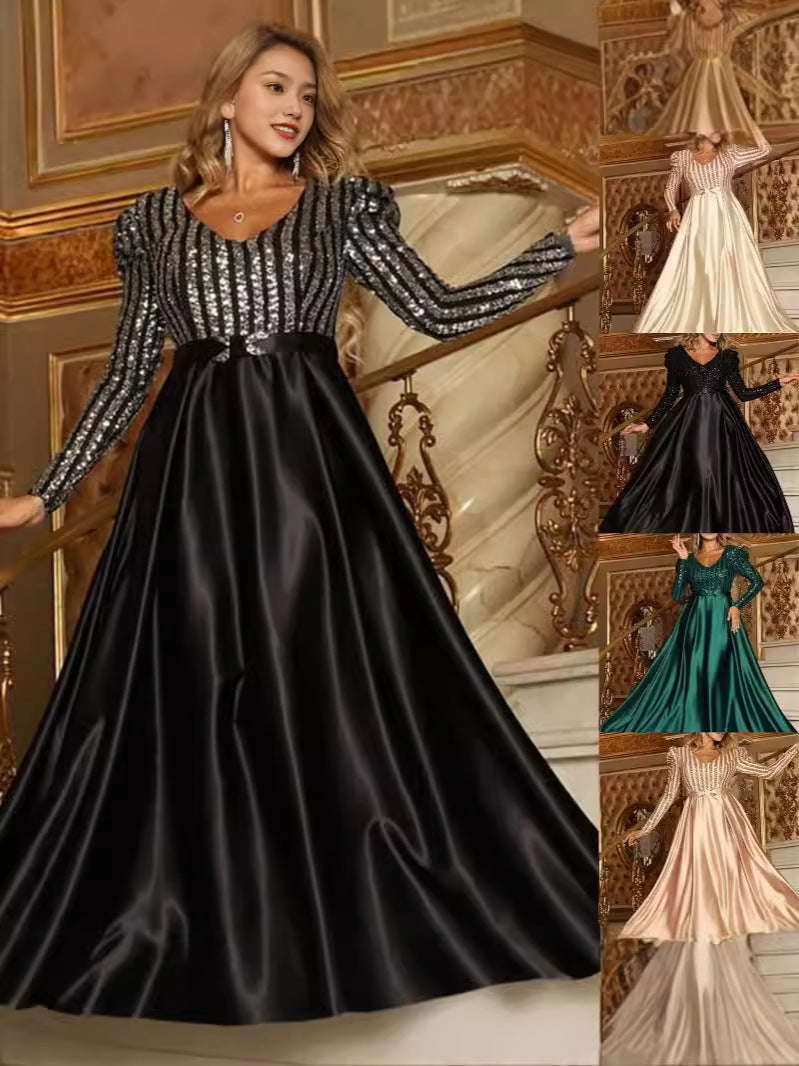 Deep V Neck A-Line Maxi Dress With Train For Evening Parties
