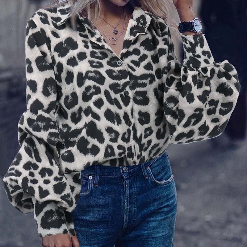 Autumn Winter New Leopard Print Shirt Female Fashion Casual Lapel Bubble Sleeve Top