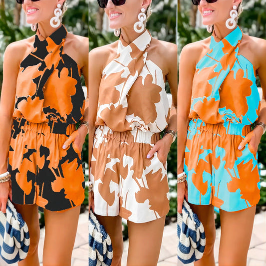 Floral Print Backless Top & Pocket Shorts Set