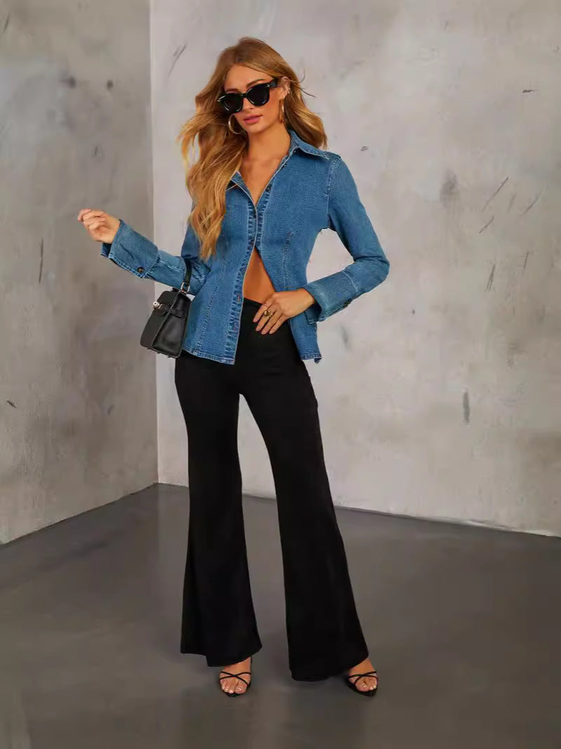 Casual Denim Shirt with Polo Neck for Women