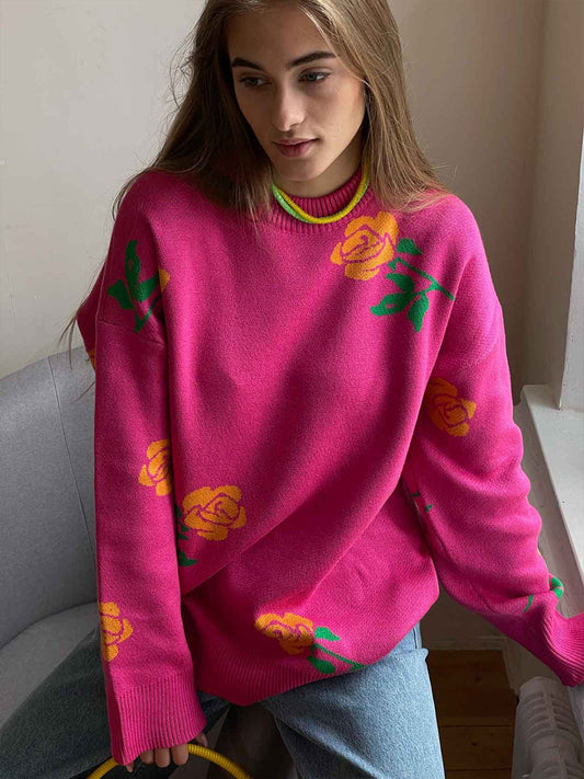 Colorful Rose Knit Sweater Casual Pullover