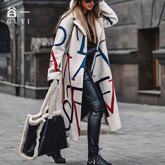 Coat Women'S Long Sleeve Lapel Letter Print Fashion Wool Thermal Coat