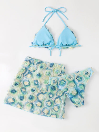 New 3D Rose Flower Split Three Piece Bikini